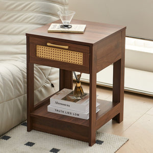 English Elm Pe Rattan End Table With Drawer - Stylish Walnut Nightstand & Versatile Side Table For Any Room W1265P236882-GIGA