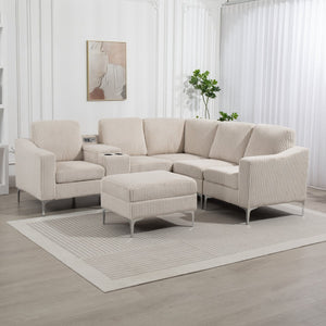 English Elm Upholstered Convertible Modular Corduroy Corner Sectional Sofa with Storage Ottoman, Cupholders, USB Ports and Chaise Beige W3098S00021