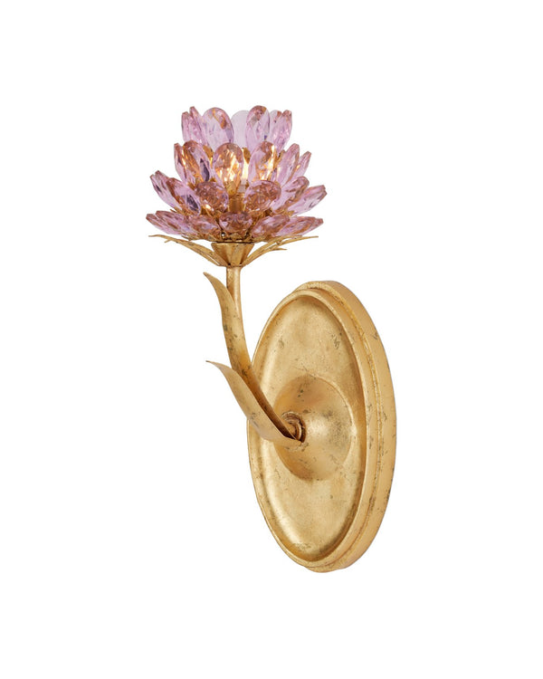 Currey & Company Marilee Double-light Wall Sconce - Elegant Dutch Gold Leaf With Pink Crystal Blossoms For Glow Pink Crystal ,Wrought Iron 5000-0279-currey-company