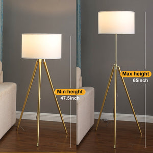 English Elm 64" Adjustable 47–64"H Brass & Shiny Gold Mid-Century Tripod Floor Lamp with White Linen Shade, Dimable Look B072P220162