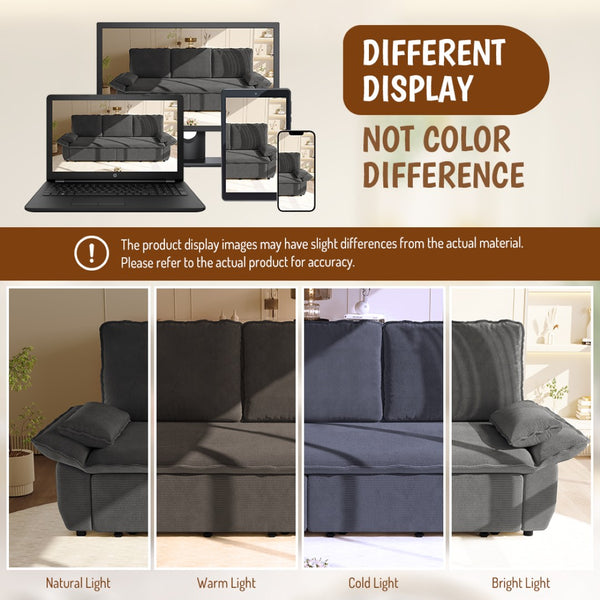English Elm 94.5" King Convertible Sleeper Sofa Corduroy Upholstered Chaise Lounge Guest Room Bed Grey W1885S00308