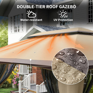 English Elm Large Vented Two-tier Patio Gazebo with Mesh Netting Steel Frame Backyard Shelter Beige T3971P425969