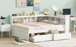 English Elm Full Platform Bed with L-shaped Bookcase Built-in Power Outlets and Storage Drawers White W504S00340