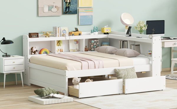 English Elm Full Platform Bed with L-shaped Bookcase Built-in Power Outlets and Storage Drawers White W504S00340