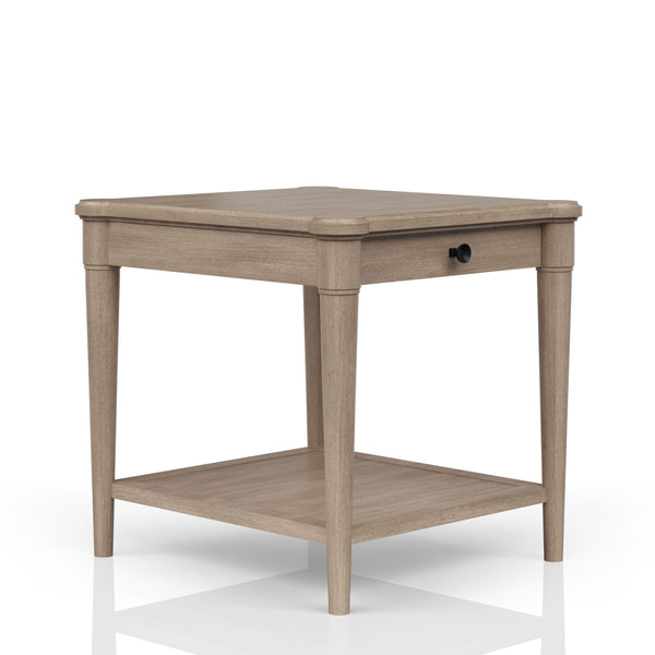 English Elm Sand Sand Finished End Table with Storage Drawer, Solid Wood + MDF, Transitional Casual Design, Shelf B2699P218289