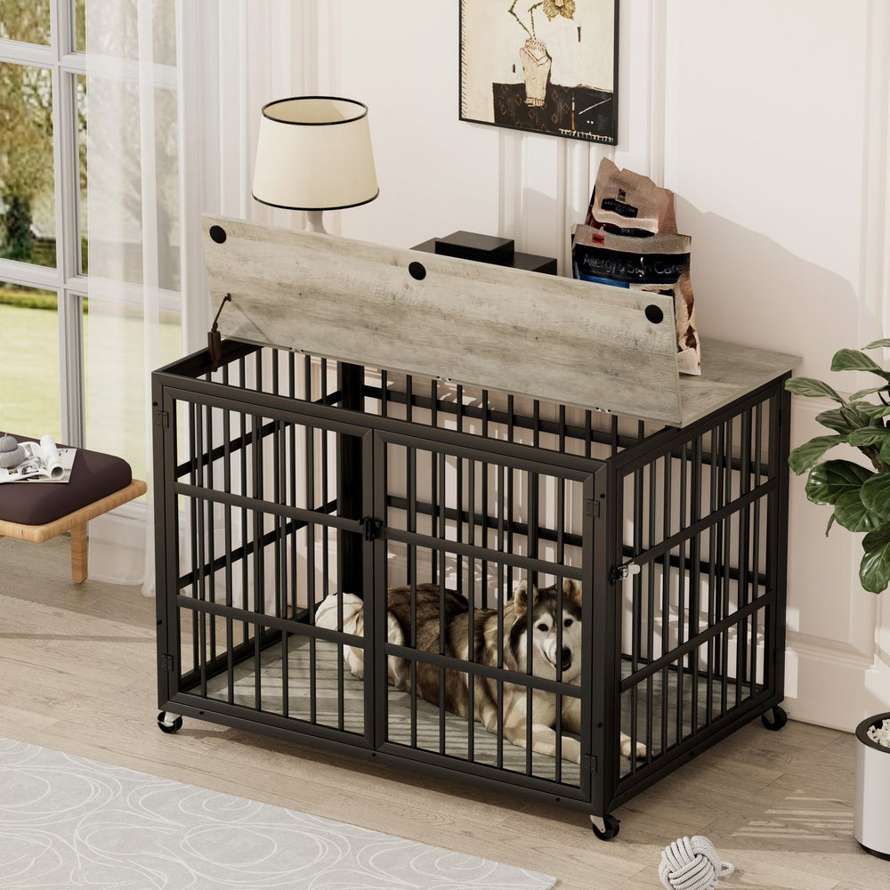 English Elm Furniture style dog crate with sturdy steel frame, particle board top for 150lb storage, fits dogs up to 70lb Grey W1162119832