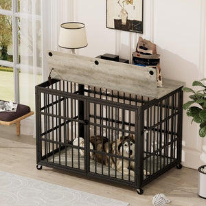 English Elm Furniture style dog crate with sturdy steel frame, particle board top for 150lb storage, fits dogs up to 70lb Grey W1162119832
