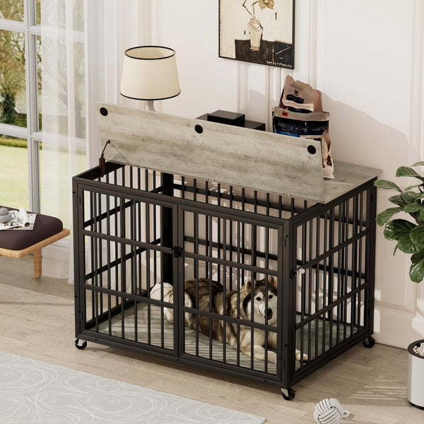 English Elm Furniture style dog crate with sturdy steel frame, particle board top for 150lb storage, fits dogs up to 70lb Grey W1162119832