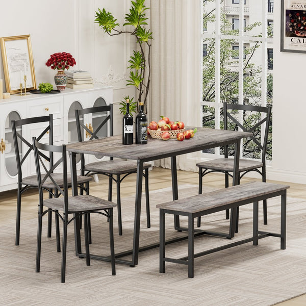 English Elm 6-Piece Dining Set with Metal Frame and MDF Tabletop, Sturdy Bench & Chairs, Modern Compact Design Gray W578P333489