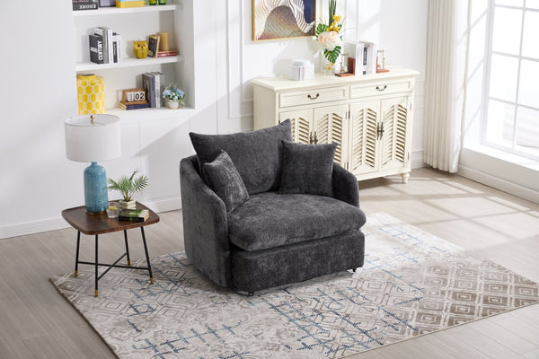 English Elm 360° 360 Swivel Oversized Chenille Armchair with Pocket Spring Seat and Three Throw Pillows Dark Gray W1361S00072