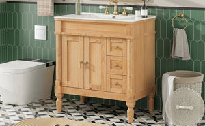 English Elm 30-inch Freestanding Bathroom Vanity Solid Wood Base Ceramic Sink Gold Hardware N729P299368N