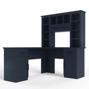 English Elm L-shaped Home Office Desk with Open Shelves Flip Shelf Cabinets and Drawer Storage Antique Blue W1580S00494