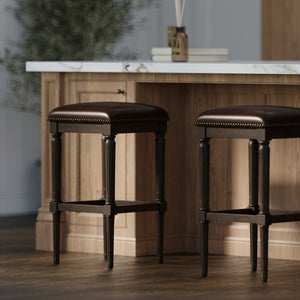 English Elm 27"h Square Faux Leather Counter Stool Solid Wood Carved Legs Distressed Walnut Finish B2751P436462
