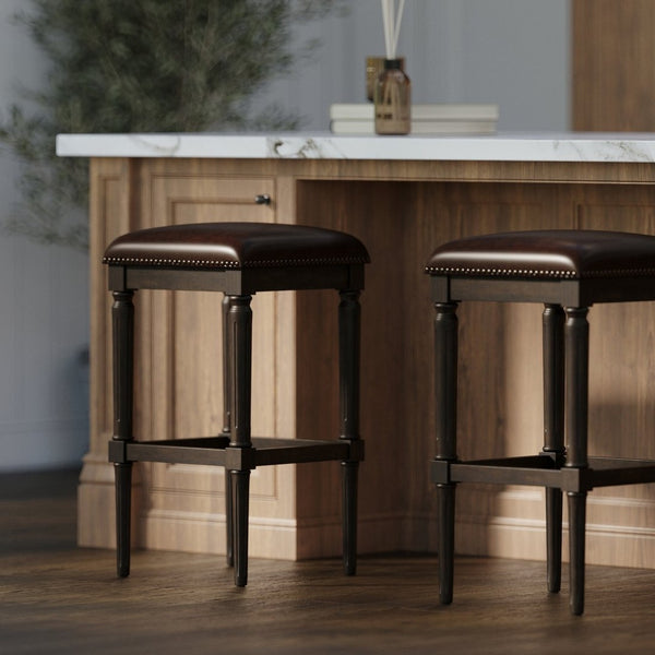 English Elm 27"h Square Faux Leather Counter Stool Solid Wood Carved Legs Distressed Walnut Finish B2751P436462