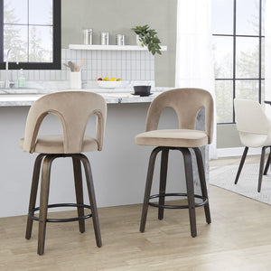 English Elm Fixed-height Swivel Counterstools Velvet Seat Walnut Bentwood Legs Set of Two B202S01794
