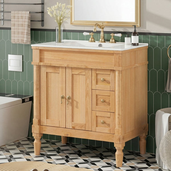 English Elm 30-inch Freestanding Bathroom Vanity Solid Wood Base Ceramic Sink Gold Hardware N729P299368N