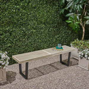 English Elm Christopher Knight Home® - Metal/Solid Outdoor Bench with Slatted Acacia Seat and Sturdy Iron Legs — Rustic Modern Patio Charm Black+ Gray 63351.00LGRYMP1