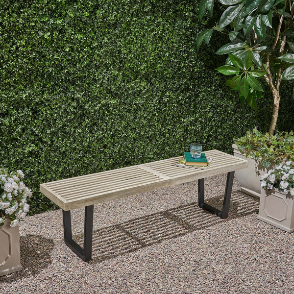 English Elm Christopher Knight Home® - Metal/Solid Outdoor Bench with Slatted Acacia Seat and Sturdy Iron Legs — Rustic Modern Patio Charm Black+ Gray 63351.00LGRYMP1