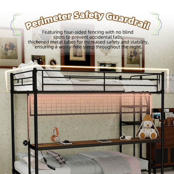 English Elm Full Over Twin Metal Bunk Bed with Desk Led Strip Shelves for Teen Dorm Rooms Antique Black W1935S00009
