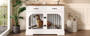 English Elm 43.3" Farmhouse Mdf Dog Crate Console with Drawers and Rotating Bowls for Large Breeds N704P414580A
