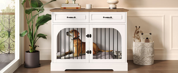 English Elm 43.3" Farmhouse Mdf Dog Crate Console with Drawers and Rotating Bowls for Large Breeds N704P414580A