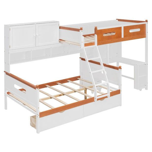 English Elm Twin Over Full Wooden Bunk Bed With Desk, Storage Drawers, Shelves & Led Lights - Stylish & Functional N820S00064K-GIGA