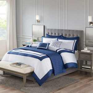 JLA Home Madison Park - 8 Piece Comforter and Quilt Set Collection — Hotel-Inspired Layered Bedding with Embroidered Pillows, Machine Washable Navy MP10-6139