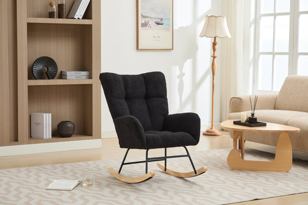 English Elm Modern Teddy Upholstered Rocking Glider Chair with High Backrest and Solid Wood Legs for Nursery Comfort Black W2725P213539