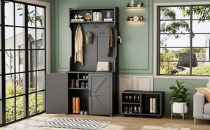 English Elm On-Trend 4-In-1 Farmhouse Hall Tree: Movable Bench, 7 Hooks, Shoe Storage & Rustic Style For Entryway N721P205788B-GIGA