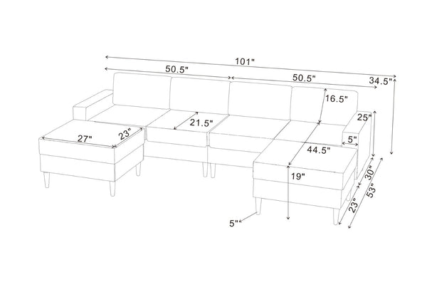 English Elm Cordory Corduroy Modular Sectional with Ottomans Retro Exposed Legs Living Room Dark Gray B2748S00032