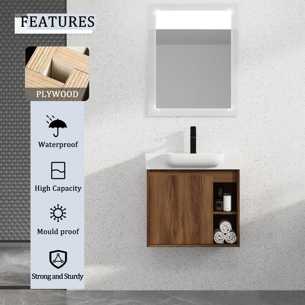 English Elm 24'' Wall-Mounted Bathroom Vanity with White Ceramic Sink, Soft-Close Door, Open Shelves, Moisture-Resistant Finish W999P263406
