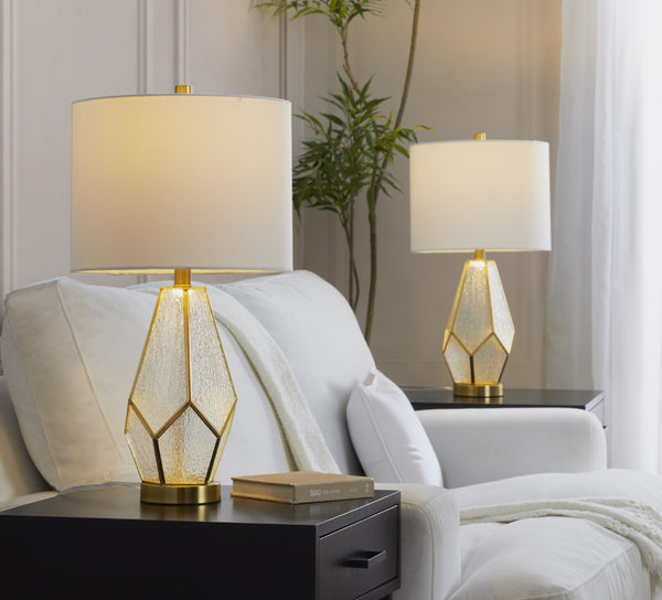 English Elm Glass Glam Table Lamp Set Two Linen Shade Nightstand Bedroom Accent Lighting Gold,White B202P471580