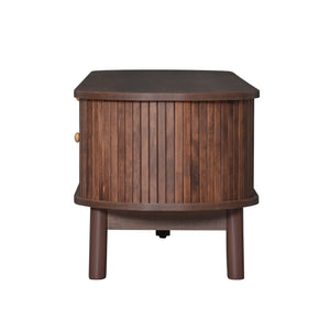 English Elm Modern TV Stand for 75" TVs with Rattan-Front Drawer, Solid Wood Legs, Sliding Doors & Spacious Storage N710P257609P