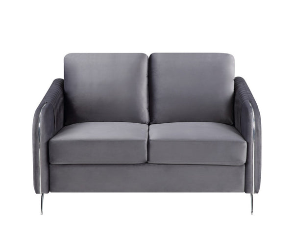 English Elm Hadriano Channel Quilted Velvet Loveseat with Chrome Legs for Glam Living Rooms Gray B2749P413389