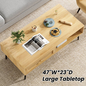 English Elm Mid-Century 47" Rectangular Coffee Table with Rattan Drawer, Open Shelf & Metal Legs for Living Room Natural T3623P380015