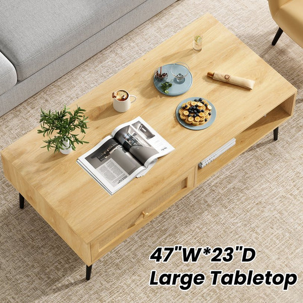 English Elm Mid-Century 47" Rectangular Coffee Table with Rattan Drawer, Open Shelf & Metal Legs for Living Room Natural T3623P380015