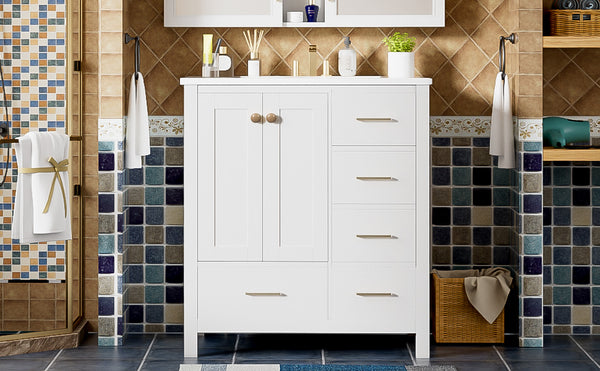 English Elm 30'' Bathroom Vanity With Ceramic Sink Combo - Elegant Freestanding Storage Cabinet & 4 Drawers N710P194420K