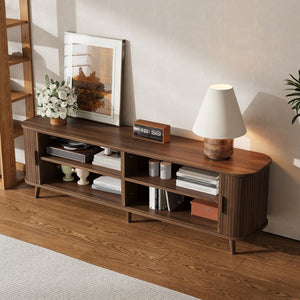 English Elm 70-inch Media Console with Sliding Groove Doors Solid Pine Legs and Cable Management N710P427897P