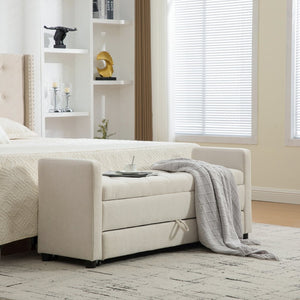 English Elm 58.27" Wide Napped Fabric Upholstered Storage Bench Rolled Armrest Caster Wheels Entryway Beige W3189P445990