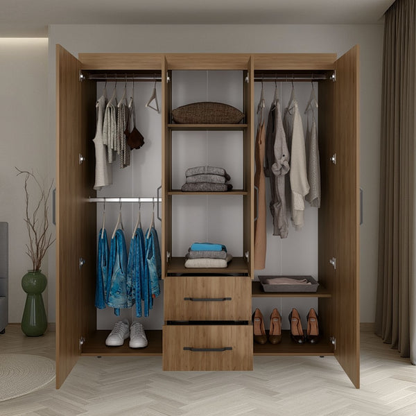 English Elm Valier Wardrobe Armoire with Shelving Drawers and Hanging Space in Walnut Finish Natural B097S00248