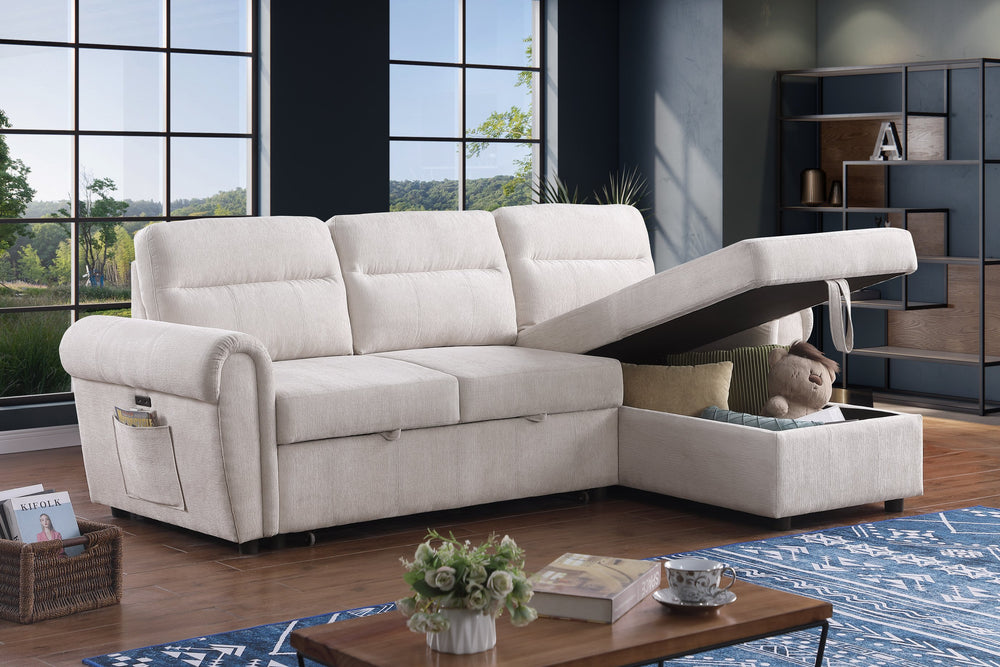 English Elm Hugo Reversible Sleeper Sectional Sofa with Storage Chaise, Pull-Out Bed, USB Ports & Pockets B061S00897