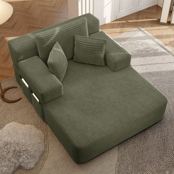 English Elm Luxurious Corduroy Frameless Chaise with Sleeper Conversion Foam Cushioning and Storage Pocket Green W3219P459765