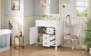 English Elm 30" French-Inspired Bathroom Vanity With Ceramic Sink, 2 Soft-Close Drawers & Adjustable Shelf Storage N710P323323K