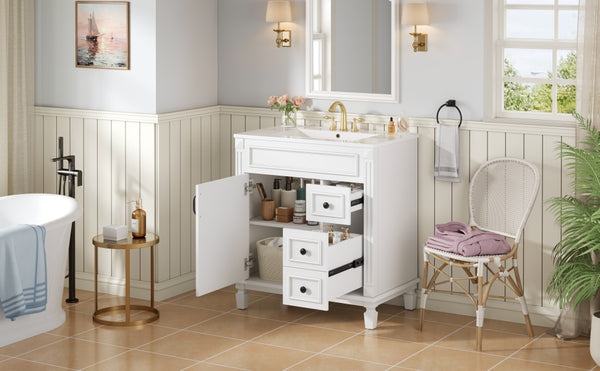 English Elm 30" French-Inspired Bathroom Vanity With Ceramic Sink, 2 Soft-Close Drawers & Adjustable Shelf Storage N710P323323K