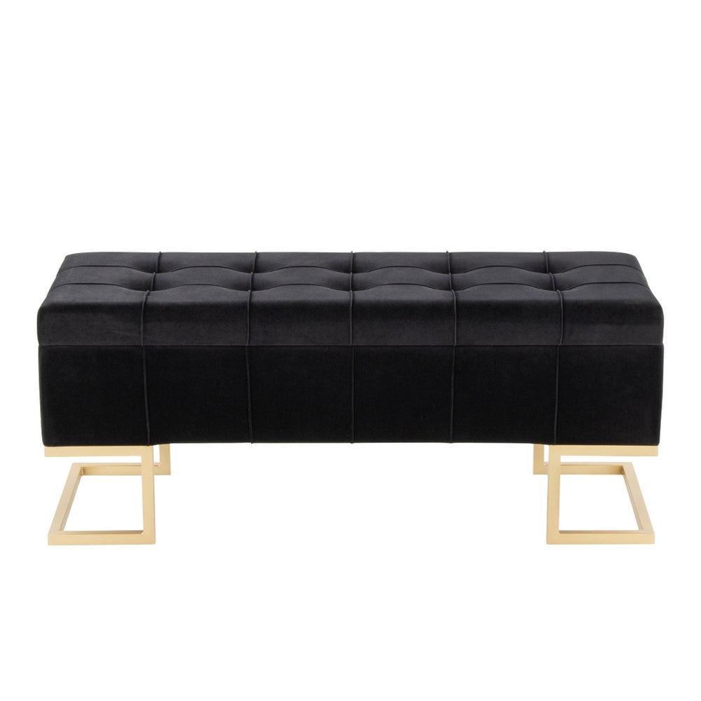 English Elm Storage Bench with Button Tufted Velvet Seat and Gold Tapered Legs for Bedroom B202P471510