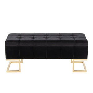 English Elm Storage Bench with Button Tufted Velvet Seat and Gold Tapered Legs for Bedroom B202P471510