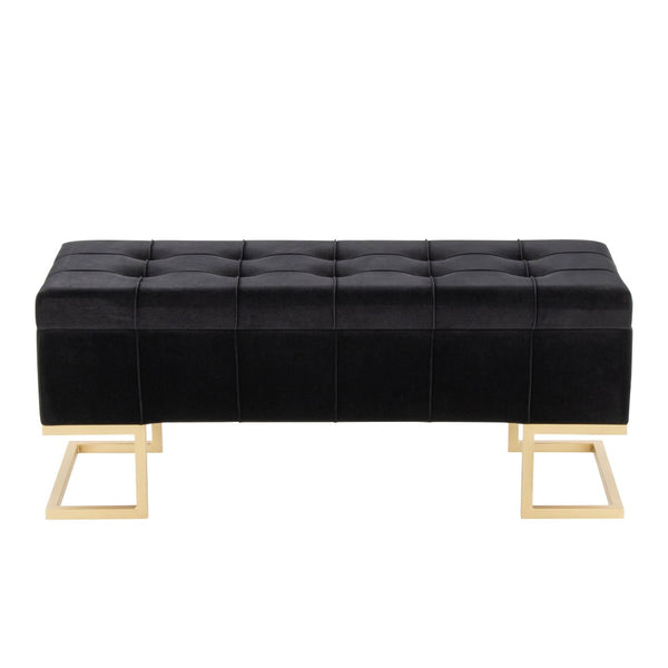 English Elm Storage Bench with Button Tufted Velvet Seat and Gold Tapered Legs for Bedroom B202P471510