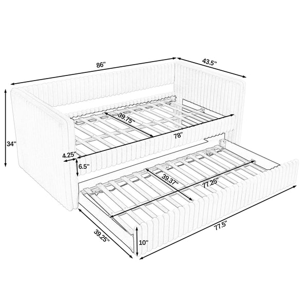 English Elm Twin Upholstered Daybed Sofa with Pull-Out Trundle, Plaid Corduroy Modern Style, Easy Assemble LIGHT GREY W487S00324