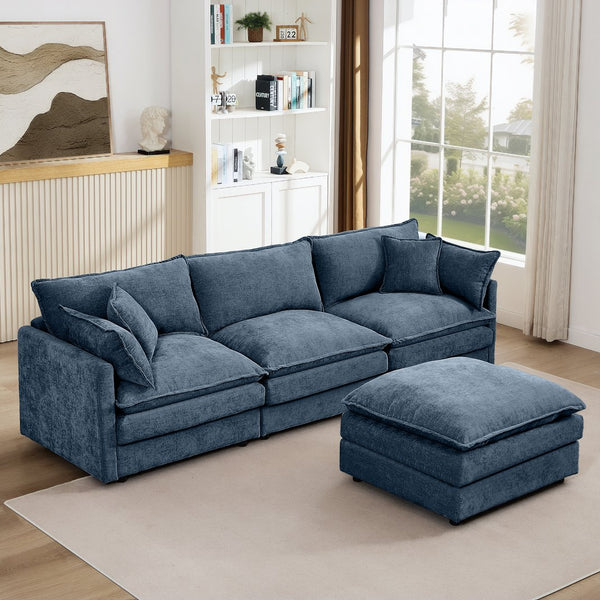 English Elm Modular L-Shaped Sectional Sofa - 102" Blue Chenille Couch With Movable Ottoman For Modern Living Spaces W1359S00054