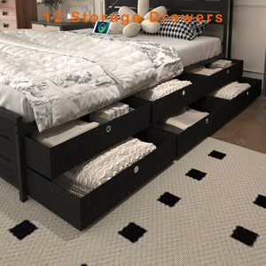 English Elm Queen-size Storage Platform Bed with Led Headboard 12 Drawers and Charging Station Black W5026P404146